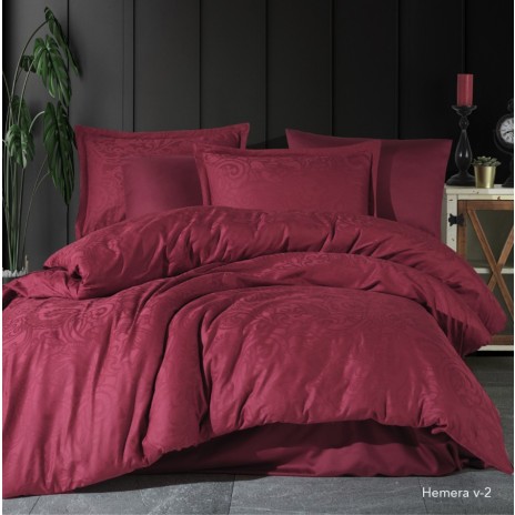 Lenjerie de pat bordo din bumbac satinat Hemera V-2 cu model jacquard, set de 6 piese, decor elegant și sofisticat