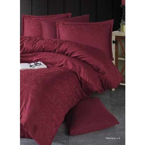 Lenjerie de pat bordo din bumbac satinat Hemera V-2 cu model jacquard, set de 6 piese, decor elegant și sofisticat
