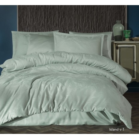 Lenjerie de pat verde mentă din bumbac satinat Island V-1 cu model jacquard, set de 6 piese, decor elegant și sofisticat