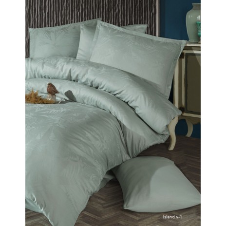 Lenjerie de pat verde mentă din bumbac satinat Island V-1 cu model jacquard, set de 6 piese, decor elegant și sofisticat