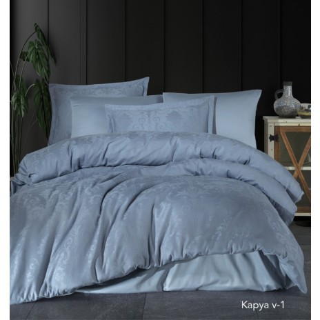 Lenjerie de pat albastru deschis din bumbac satinat Kapya V-1 cu țesătură jacquard, set de 6 piese, decor elegant și sofisticat