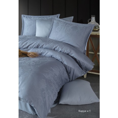 Lenjerie de pat albastru deschis din bumbac satinat Kapya V-1 cu țesătură jacquard, set de 6 piese, decor elegant și sofisticat