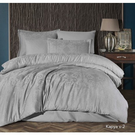 Lenjerie de pat gri deschis din bumbac satinat Kapya V-2 cu țesătură jacquard, set de 6 piese, decor elegant și sofisticat
