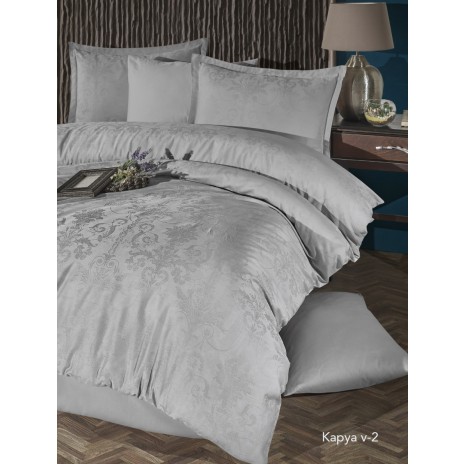 Lenjerie de pat gri deschis din bumbac satinat Kapya V-2 cu țesătură jacquard, set de 6 piese, decor elegant și sofisticat