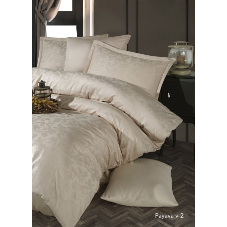 Lenjerie de pat bej din bumbac satinat Payava V-2 cu țesătură jacquard, set de 6 piese, decor elegant și sofisticat