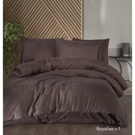 Lenjerie de pat maro din bumbac satinat Royalisa V-1 cu țesătură jacquard, set de 6 piese, decor elegant și sofisticat