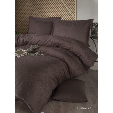 Lenjerie de pat maro din bumbac satinat Royalisa V-1 cu țesătură jacquard, set de 6 piese, decor elegant și sofisticat