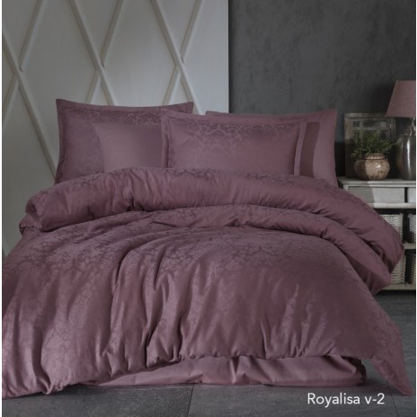 Lenjerie de pat mov din bumbac satinat Royalisa V-2 cu țesătură jacquard, set de 6 piese, decor elegant și sofisticat