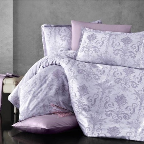 Lenjerie de pat jacquard satin model Kosa cu model floral în nuanțe de lila și mov deschis