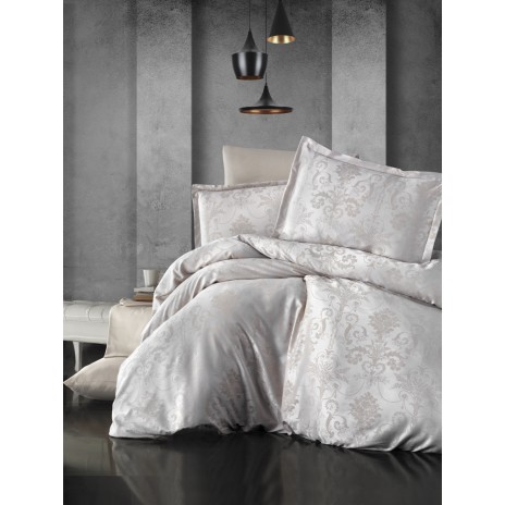 Lenjerie de pat din jacquard satin de lux Ralex Kosa cu model sofisticat de arabescuri și motive florale discrete în nuanțe de alb și crem