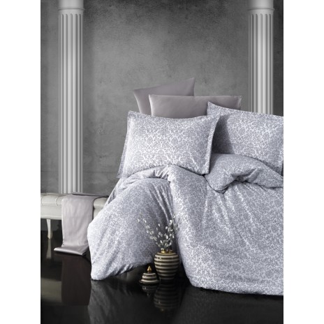 Lenjerie de pat din jacquard satin de lux Ralex Ninova cu model de arabescuri și motive florale în nuanțe de gri și alb