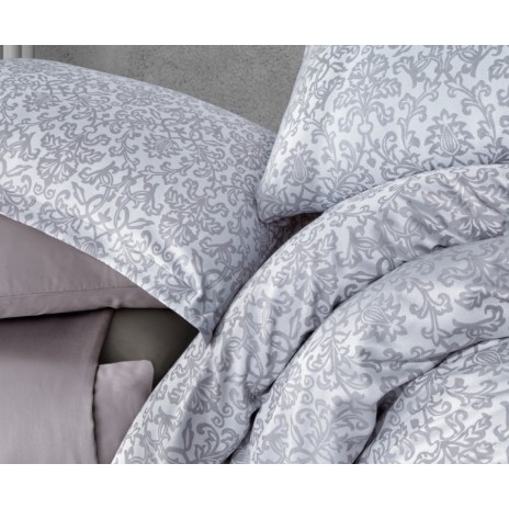 Lenjerie de pat din jacquard satin de lux Ralex Ninova cu model de arabescuri și motive florale în nuanțe de gri și alb