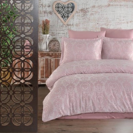 Lenjerie de pat jacquard satin model Rossa cu model floral în nuanțe de roz și roz pal
