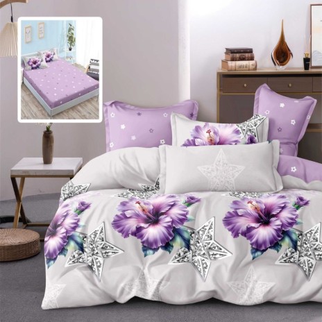 Lenjerie pat finet cu elastic 6 piese flori hibiscus mov
