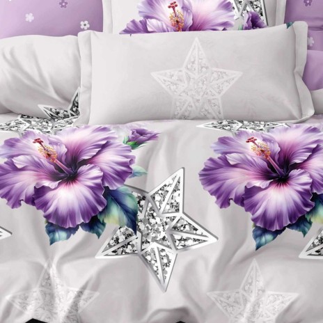 Lenjerie pat finet cu elastic 6 piese flori hibiscus mov