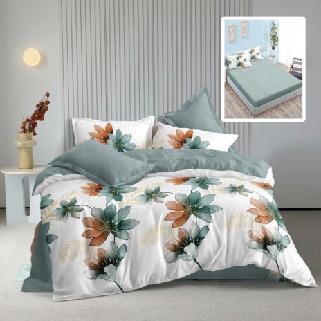 Lenjerie pat finet cu elastic 6 piese frunze mari cu cearceaf verde-salvie