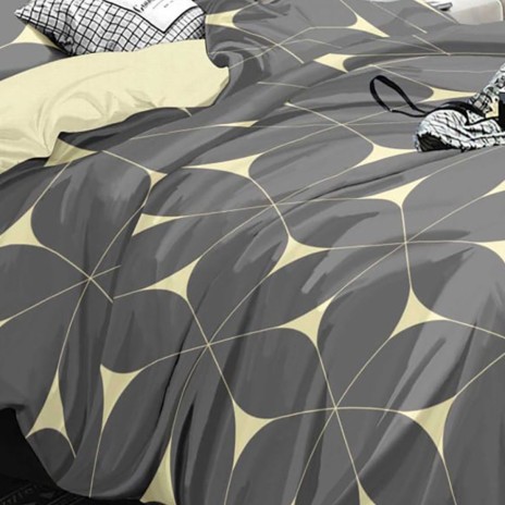 Lenjerie de pat dublu din finet cu elastic, 6 piese, model geometric in nuante de galben si gri, HF6P327