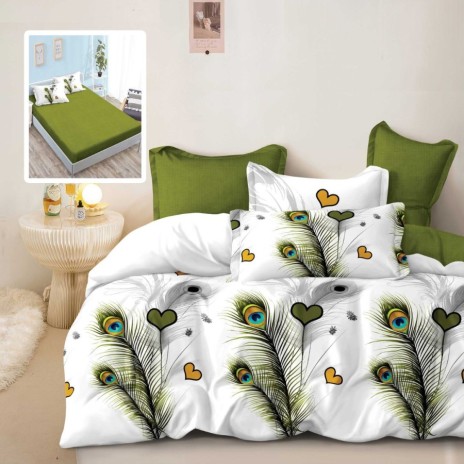Lenjerie pat finet cu elastic 6 piese pene de paun cu cearceaf verde