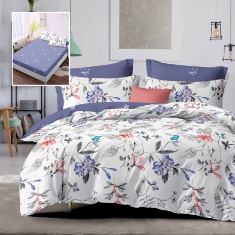 Lenjerie finet cu elastic si imprimeu flori acuarela, 6 piese, pat modern.
