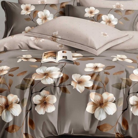 Lenjerie finet cu elastic 6 piese flori Crem/maro cearceaf pilota 200x220 cm