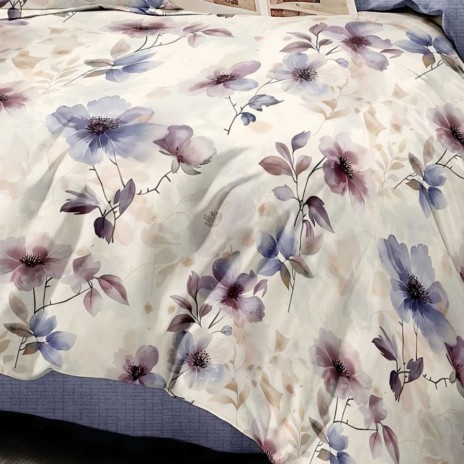 Lenjerie finet cu elastic 6 piese Flori lila, crem, mov, cearceaf pilota 200x220 cm