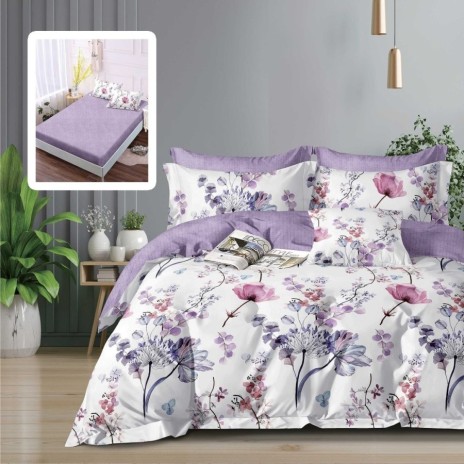 Lenjerie finet cu elastic 6 piese Flori Lila/Roz pe fundal alb, cearceaf pilota 200x220 cm