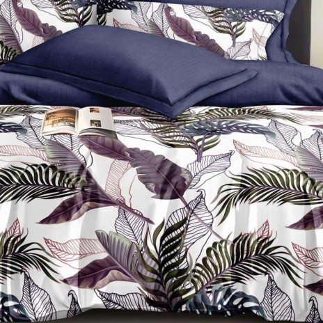 Lenjerie finet cu elastic 6 piese Frunze tropicale Bleumarin/Violet, cearceaf pilota 200x220 cm