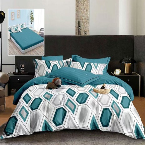 Lenjerie de pat din finet cu elastic, forme geometrice in nuante de albastru, gri si alb