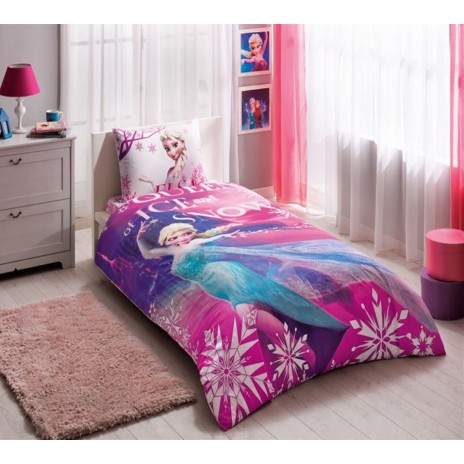 Lenjerie de pat Disney Tac Frozen Ana și Elsa, imprimeu colorat roz mov albastru, personaje Frozen, fulgi de zăpadă, 3 piese, bumbac.