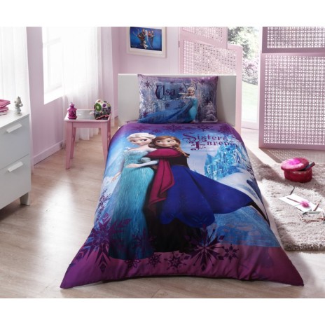 Lenjerie de pat Disney Tac Frozen Ana si Elsa, 3 piese, bumbac, colorata, cearceaf elastic, fata perna, cearceaf pilota