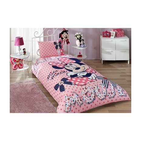Lenjerie de pat Disney Minnie Mouse Dream, imprimeu roz cu buline albe, 3 piese, bumbac, detalii albastre, cearceaf elastic, fata perna, cearceaf pilota