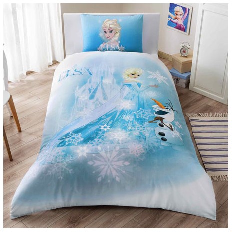 Lenjerie de pat Disney Tac Elsa și Olaf, imprimeu albastru alb cu personaje Frozen și fulgi de zăpadă, 3 piese, bumbac, cearceaf elastic, fata perna, cearceaf pilota