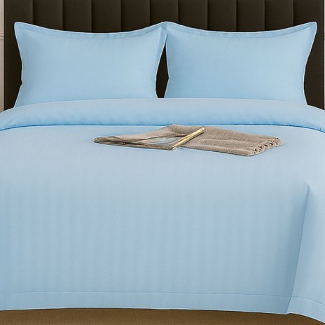 Lenjerie de pat bleu din damasc policoton 4 piese cu dungi satinate