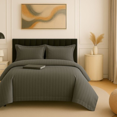 Lenjerie de pat gri antracit din damasc policoton 4 piese cu dungi fine