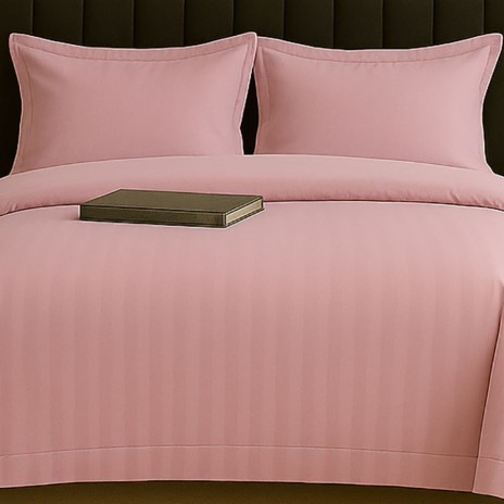 Lenjerie de pat roz mov din damasc policoton 4 piese cu dungi fine