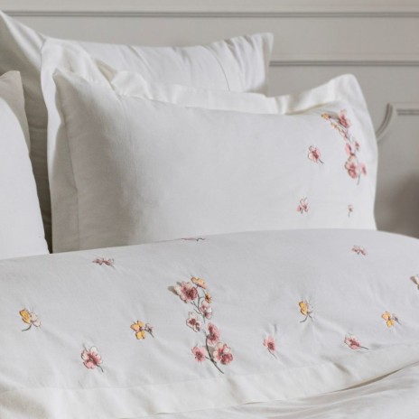 Lenjerie de pat dublu Amber crem din bumbac natural cu broderii florale, 6 piese, Saheser Home