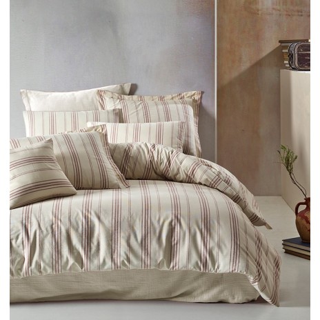Lenjerie de pat model dungi roșii și bej pe fundal crem, pat dublu, din bumbac 100% natural, Nazenin Home Natural Red