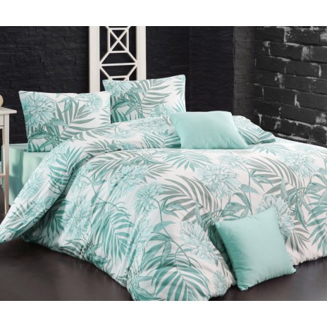 Lenjerie de pat dublu din bumbac 100% ranforce Nazenin Home Amazing, cu design tropical în nuanțe de turcoaz și alb.