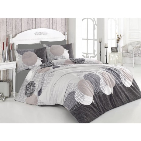 Lenjerie de pat dublu bumbac 100% Ranforce Jadore cu design modern în cercuri și nuanțe de gri și bej pe fundal alb