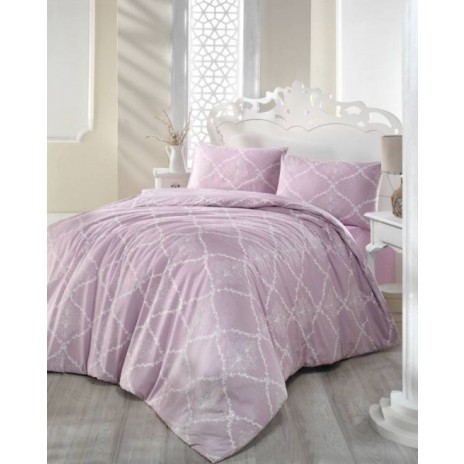 Lenjerie de pat dublu din bumbac 100% ranforce cu design elegant în nuanțe de lila și motive geometrice albe