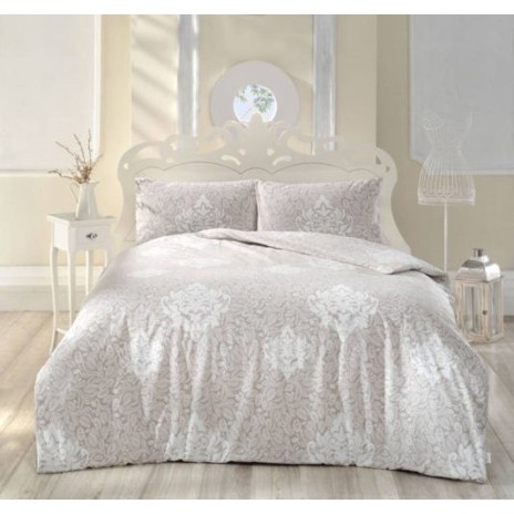 Lenjerie de pat dublu din bumbac 100% ranforce cu design elegant în nuanțe de maro deschis și motive florale