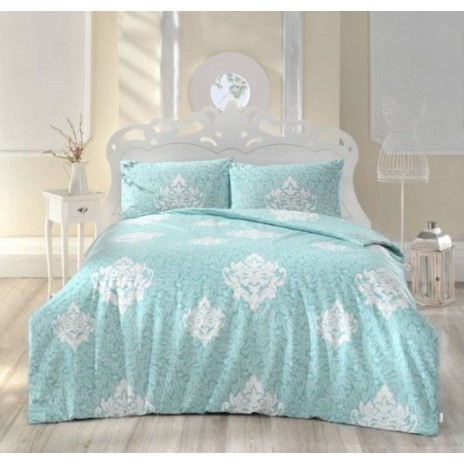 Lenjerie de pat dublu din bumbac 100% ranforce cu design elegant în nuanțe de mentă și motive florale albe