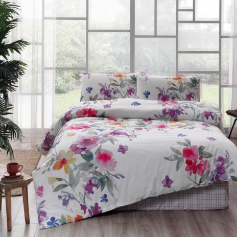 Lenjerie de pat dublu din bumbac ranforce cu model floral în nuanțe de roz, mov și verde pe fundal alb