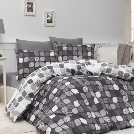 Lenjerie de pat dublu bumbac 100% ranforce gri, alb și negru cu model geometric de frunze - Bahar Home Bunku Grey