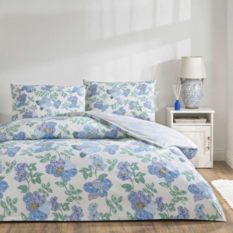 Set lenjerie de pat dublu Ardena TAC din bumbac 100 % ranforce, imprimeu floral albastru pe fond ivoire