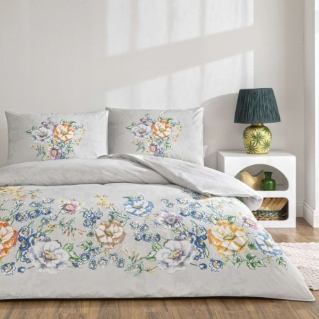 Lenjerie pat dublu din bumbac 100% ranforce Taç Fiora Gri, cu imprimeu floral pastelat pe fundal gri deschis