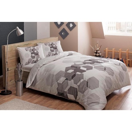 Lenjerie de pat dublu bumbac 100% ranforce Tac Arrow, design geometric modern, gri și alb, elastic saltea 160x200 cm