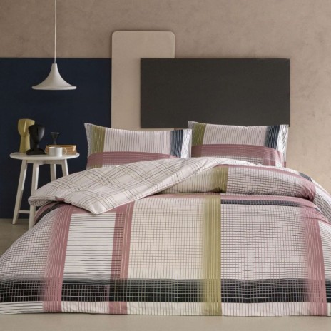 Lenjerie de pat TAC Zyra Roz din bumbac 100% ranforce cu cearșaf cu elastic și imprimeu geometric modern