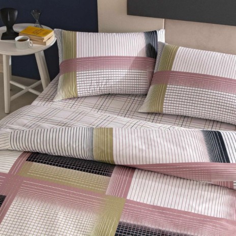 Lenjerie de pat TAC Zyra Roz din bumbac 100% ranforce cu cearșaf cu elastic și imprimeu geometric modern