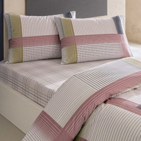 Lenjerie de pat TAC Zyra Roz din bumbac 100% ranforce cu cearșaf cu elastic și imprimeu geometric modern